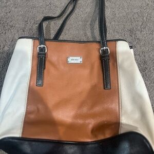 Nine West Brown and Cream Tote with Structured Shape and Silver Hardware